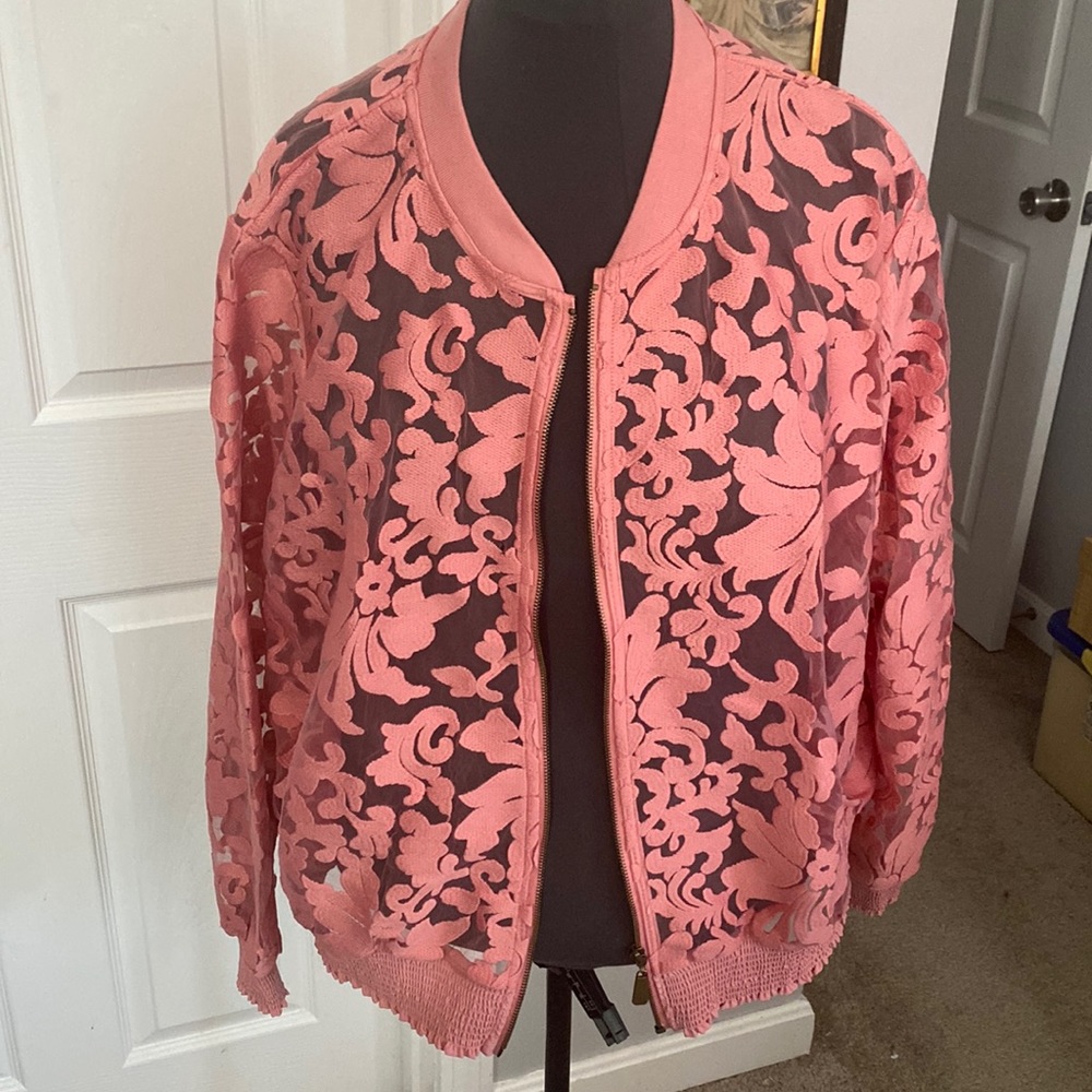 Lane Bryant Coral/Salmon Embroidered Lace Jacket
